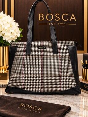Bosca Houndstooth Leather Laptop Tote Bag EUC